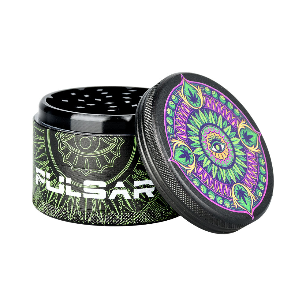 Pulsar 4pc Metal Grinder with Hemp Mandala Design, 2.5" Diameter, Side View