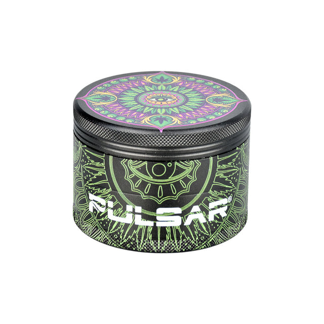 Pulsar 4pc Metal Grinder with Hemp Mandala Design, 2.5" Diameter, Front View on White Background