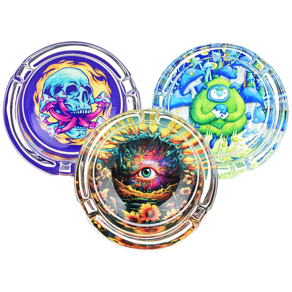 Pulsar Design Series Round Glass Ashtray | 3.4" | Assorted Designs | 6ct Display