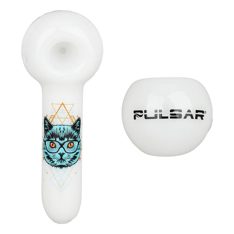 Pulsar Sacred Cat Design Spoon Pipe, 5" Borosilicate Glass, Black Color, Top View