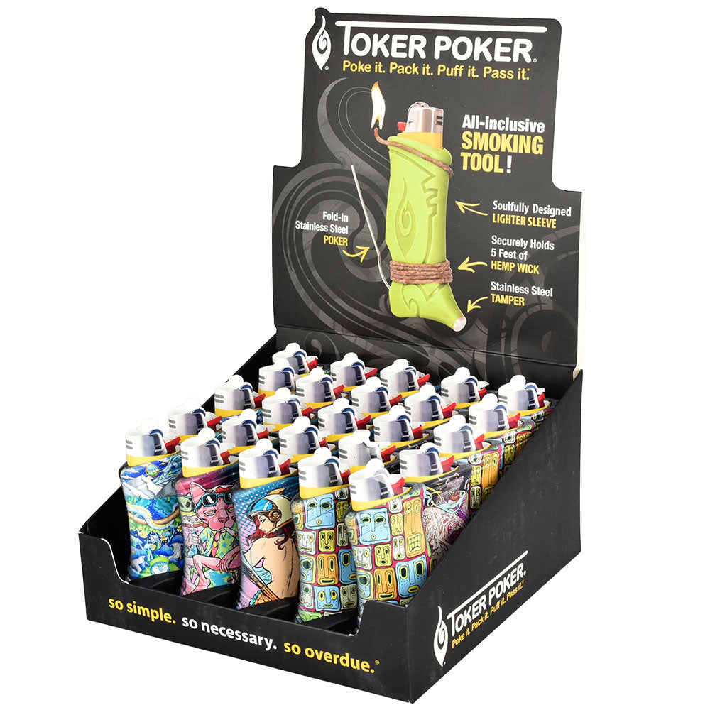 Pulsar Toker Poker Lighter Sleeves display box with assorted colorful designs