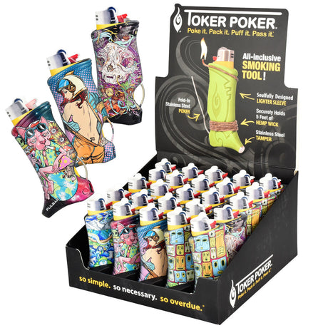 Pulsar Toker Poker Lighter Sleeves display with assorted colorful designs for dab rigs