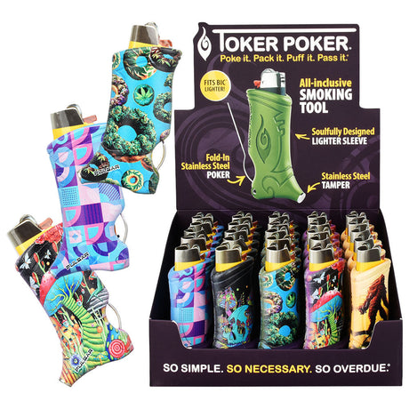 Assorted Pulsar Toker Poker Lighter Sleeves with built-in poker and tamper, displayed in a 25pc case