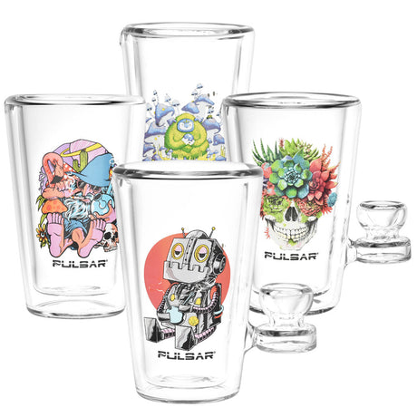 Pulsar Glass Tumbler Pipes with colorful designs, 250mL, front view on white background