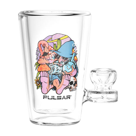 Pulsar Glass Tumbler Pipe with Flamingo Wizard design, 250mL, clear borosilicate glass, front view