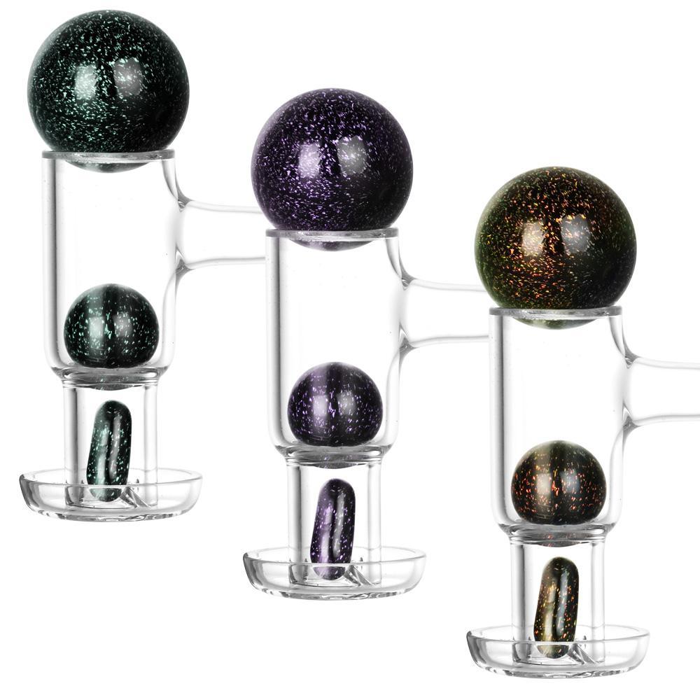 Pulsar Dichro Terp Slurper Marble Set with assorted colors for dab rigs, front view on white background
