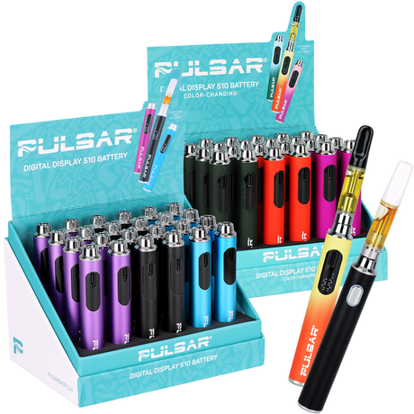 Pulsar Digital Screen 650mAh 510 vape battery, sold as a 24 pack display, shown as a Pulsar vaporizer part