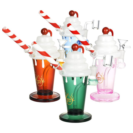 Pulsar Diner Shake Dab Rigs in red, green, blue, and pink, with straw mouthpieces and burger accents