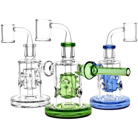 Pulsar Divine Swiss Dab Rigs with intricate percolators, in green and blue variants, 5.75" tall