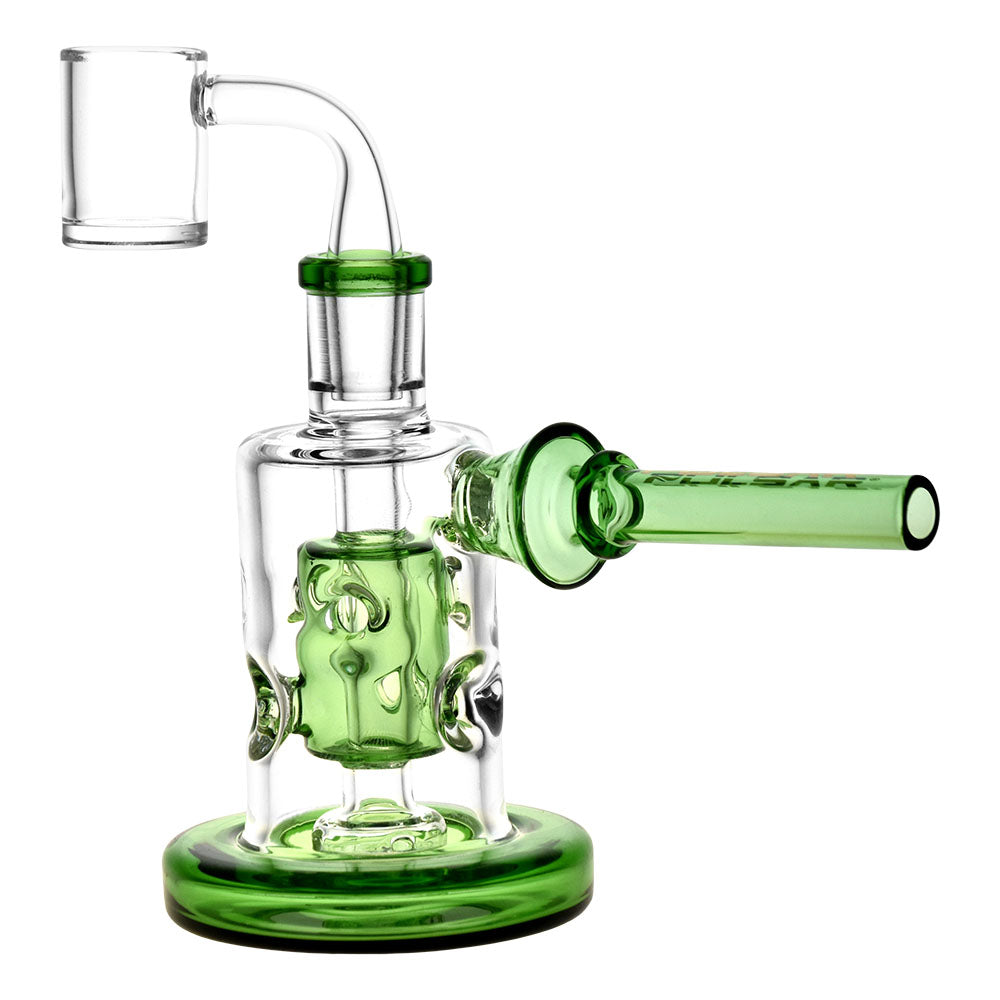 Pulsar Divine Swiss Dab Rig with green accents, 5.75" height, 14mm female joint - front view