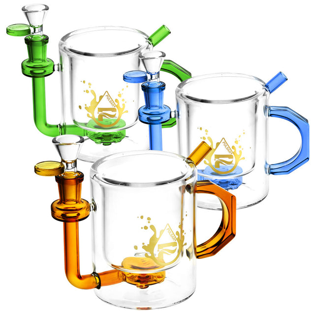 Pulsar Glass Mug Rigs in green, blue, and amber, 4.25-inch with disc percolator, front view