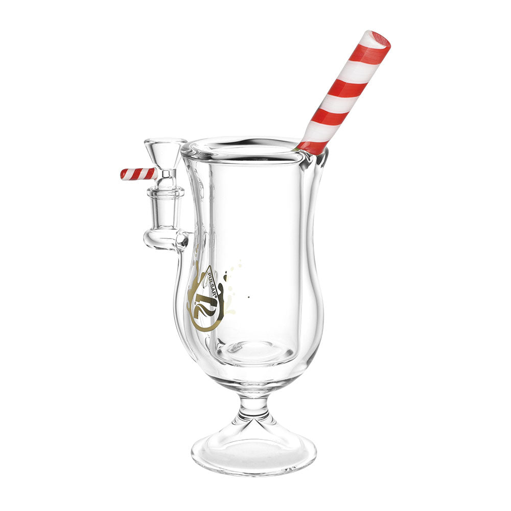 Pulsar Tropical Cocktail Glass Water Pipe with Striped Straw, Red & Yellow Accents, Front View