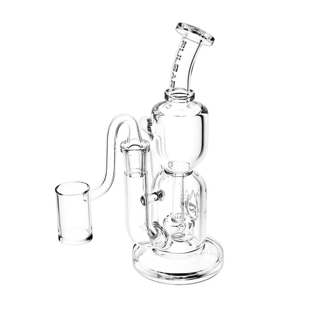 Pulsar Emergence Hourglass Recycler Rig, 7.5" tall, 14mm Female joint, Clear Borosilicate Glass, Front View