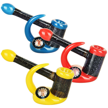 Pulsar Emergent Flower Bubblers in blue, red, and yellow with borosilicate glass design