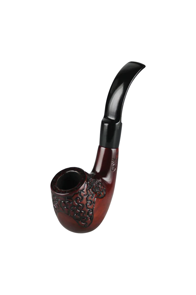 Pulsar Engraved Bent Brandy hand pipe, 5.5" wood with intricate design, side view on white