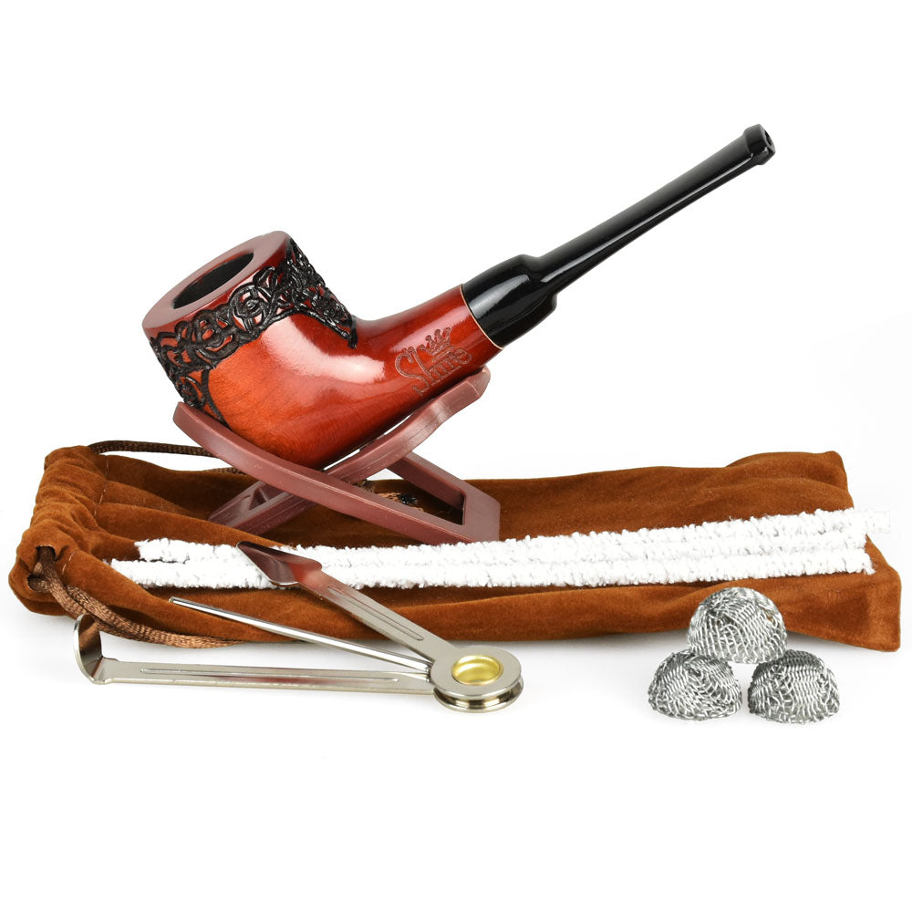 Pulsar Engraved Billard Cherry Wood Tobacco Pipe with Cleaning Tools on White Background