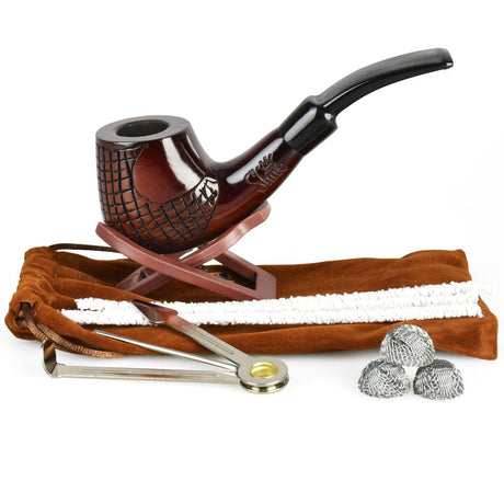 Pulsar Engraved Brandy Cherry Tobacco Pipe with accessories on white background