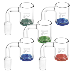 Pulsar 90 degree 14mm male quartz banger 5 pack in assorted colors with a thick bottom bucket