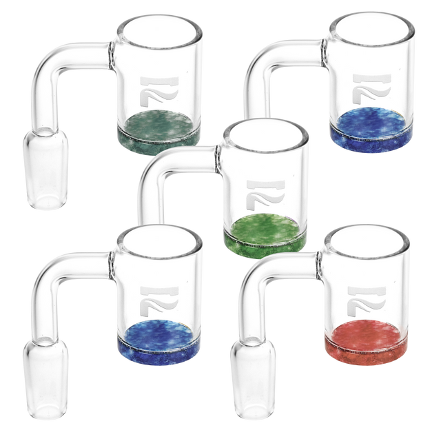Pulsar 90 degree 14mm male quartz banger 5 pack in assorted colors with a thick bottom bucket