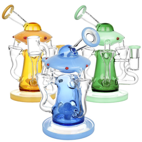 Pulsar Friendly Visitors Recycler Dab Rigs in assorted colors with intricate glasswork, front view