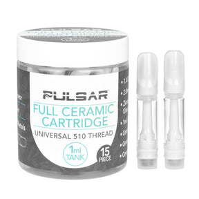 Pulsar Full Ceramic Cartridge Tanks 1ML 15pc Display, white, front view on seamless white background