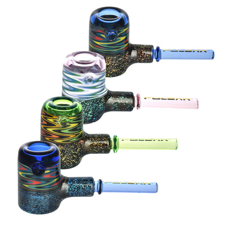 Pulsar Funky Fireflies Hand Pipes in various colors with groovy designs, 4.75" borosilicate glass