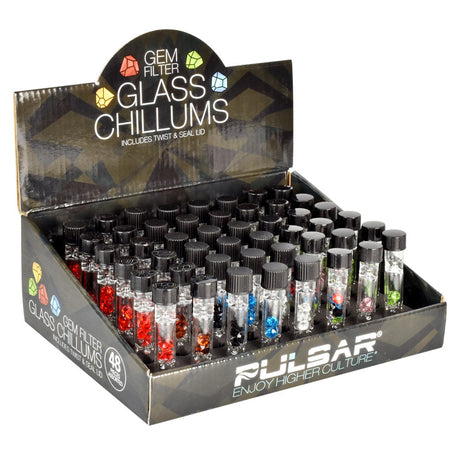 Pulsar Gem Filter Glass Chillum with Lid display box, 48 pack, assorted colors, compact design
