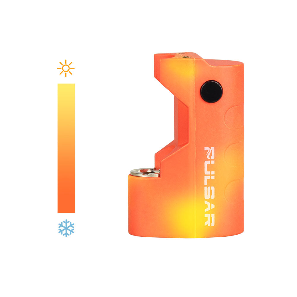 Pulsar GIGI Vaporizer Battery in vibrant orange, compact design, 2" size, side view on white background