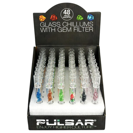 Pulsar Glass Chillums with Gem Filter, 48 Pack, compact and portable, displayed in box