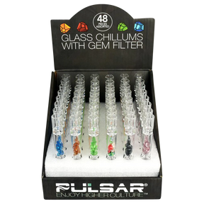 Pulsar Glass Chillums with Gem Filter, 48 Pack, compact and portable, displayed in box