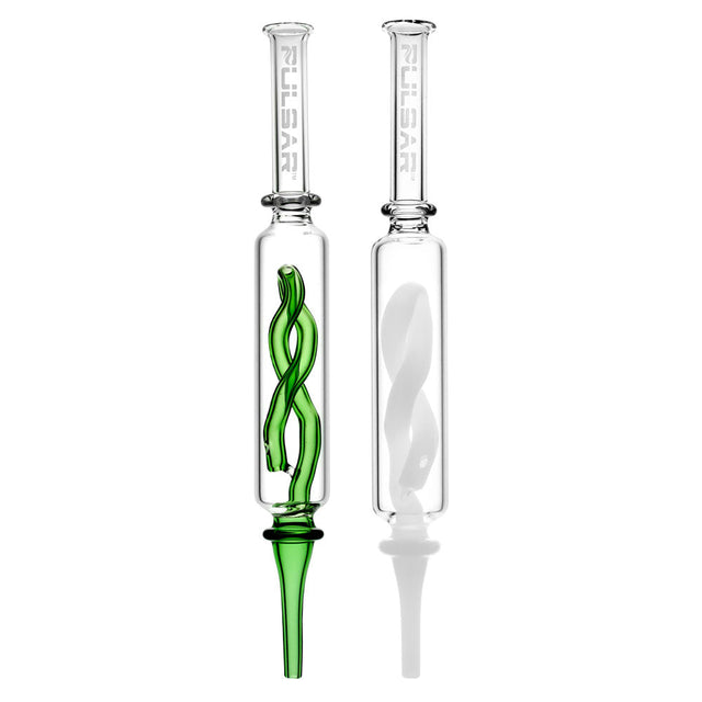 Pulsar Glass Inner Twist Perc Vapor Vessel for concentrates, clear with green accents, front view