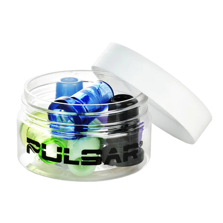 Pulsar Glass Joint Reducer Adapter 6-Pack in assorted colors displayed in an open container