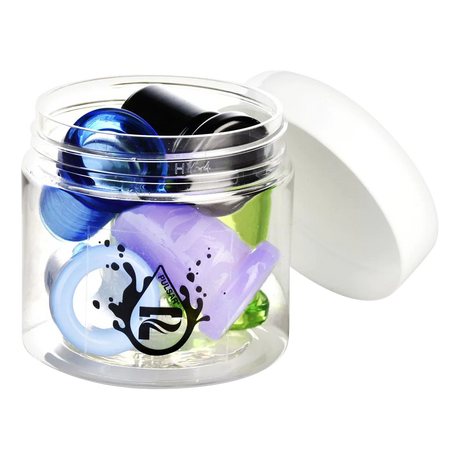 Pulsar Glass Joint Reducer Adapters in assorted colors, displayed in a clear jar, top view
