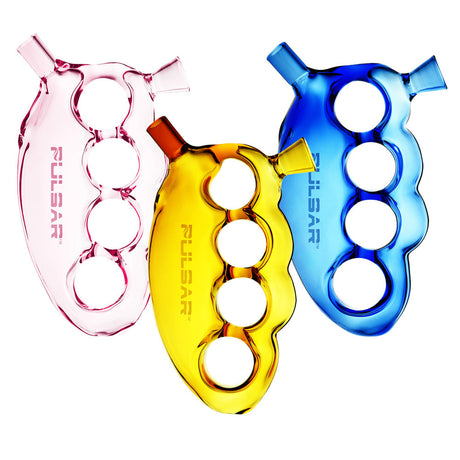 Pulsar Glass Knuckle Bubblers in pink, yellow, and blue, made with borosilicate glass, angled view