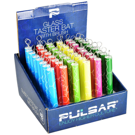 Assorted Pulsar Glass Taster Bats with THC molecule design displayed in box, 4" size for dry herbs