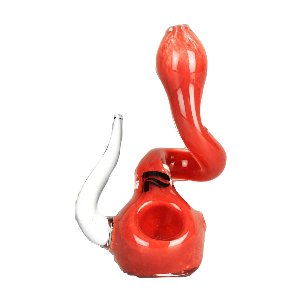 Pulsar Glass Twisted Standup Hand Pipe in red, compact design for dry herbs, 4" height, angled view