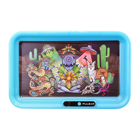 Pulsar Glow LED Rolling Tray with Psychedelic Desert Design and Blue Edge