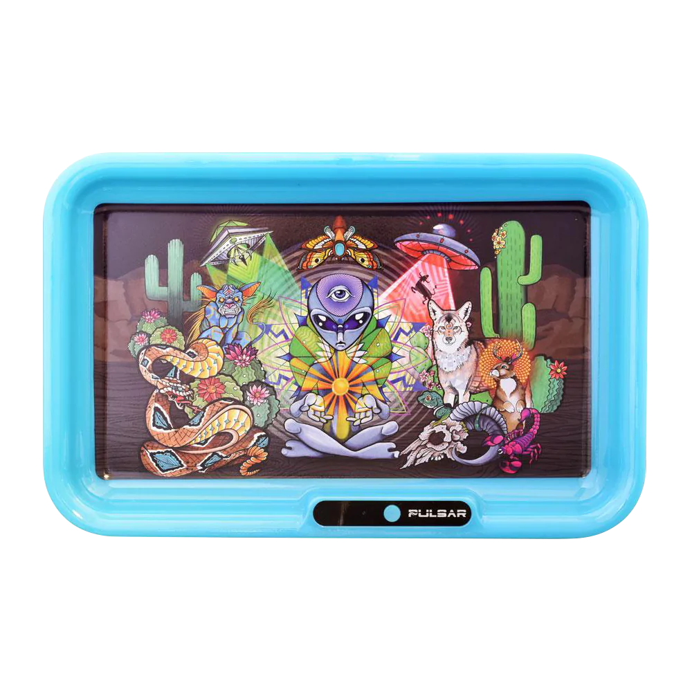 Pulsar Glow LED Rolling Tray with Psychedelic Desert Design and Blue Edge