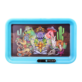 Pulsar Glow LED Rolling Tray with Psychedelic Desert Design and Blue Edge