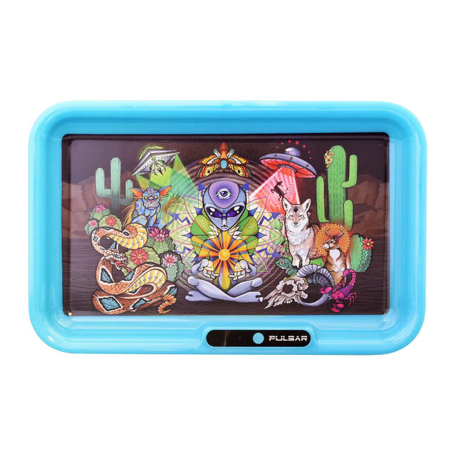 Pulsar Glow LED Rolling Tray with Psychedelic Desert Design and Blue Edge