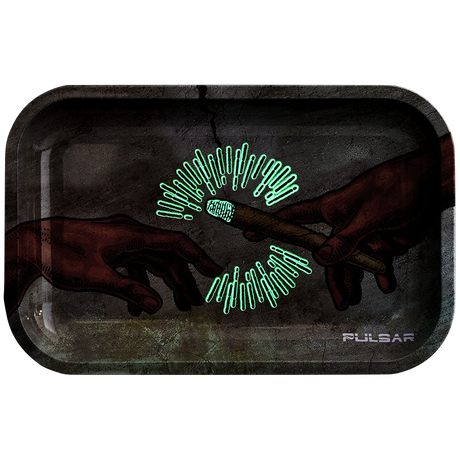 Pulsar Glow Metal Rolling Tray with 'Creation of Passage' design, 11"x7" size, top view on dark background