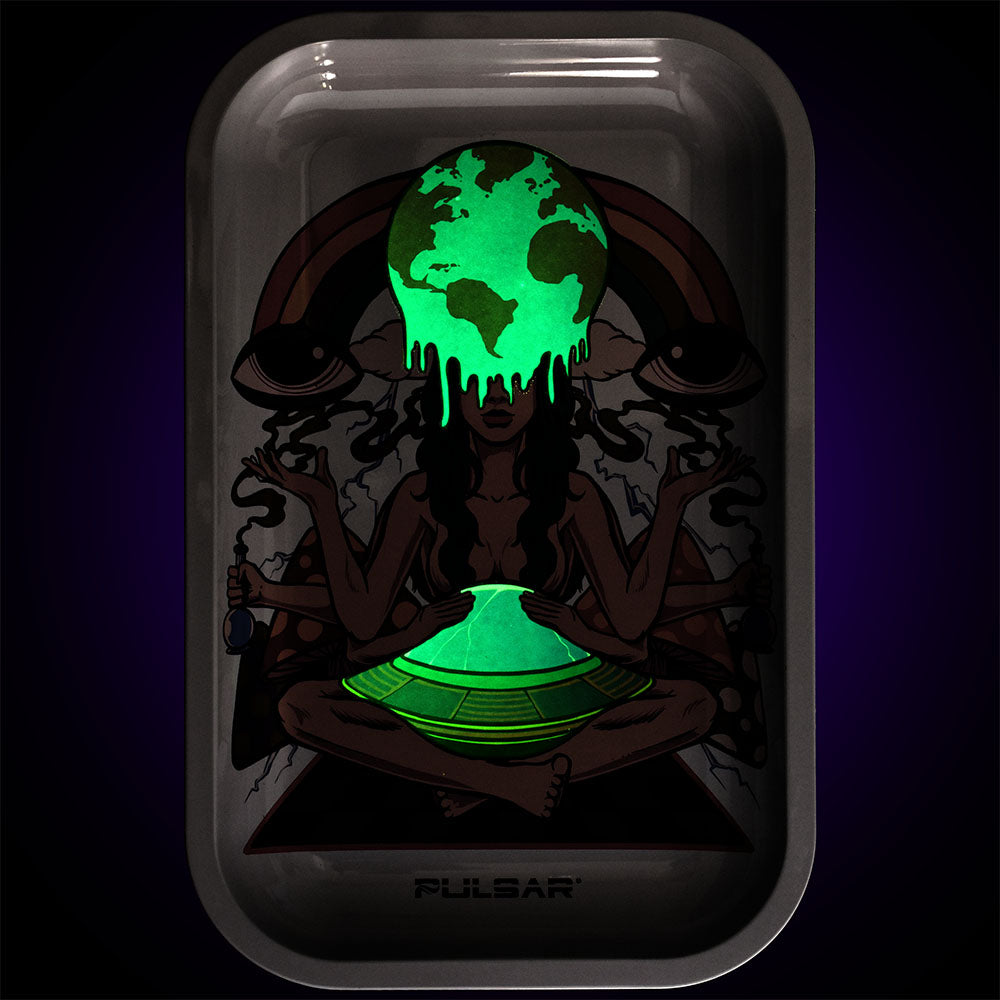 Pulsar Glow Metal Rolling Tray with Meditation Design, 11"x7", featuring a luminous green glow effect