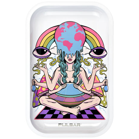 Pulsar Glow Metal Rolling Tray with Meditation Design, 11"x7", Durable with Vibrant Graphics