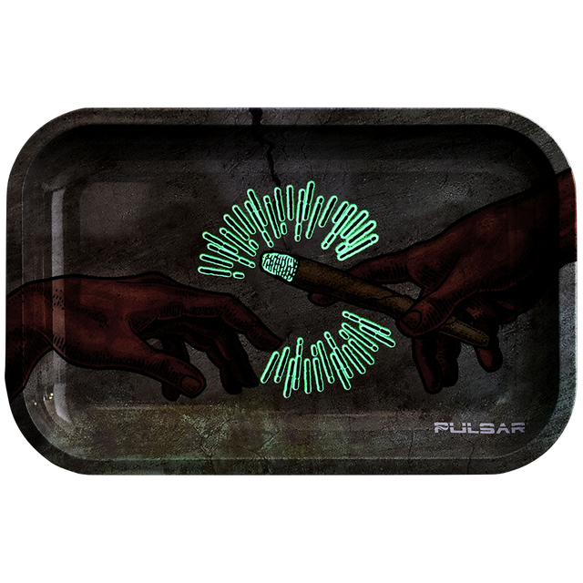 Pulsar Glow Metal Rolling Tray with Lid featuring Creation of Passage design, 11"x7" top view