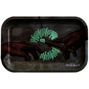 Pulsar Glow Metal Rolling Tray with Lid featuring Creation of Passage design, 11"x7" top view
