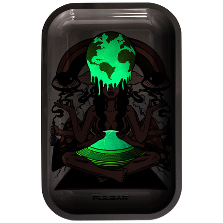 Pulsar Glow Metal Rolling Tray with Lid - Meditation design, 11"x7", glow-in-the-dark feature
