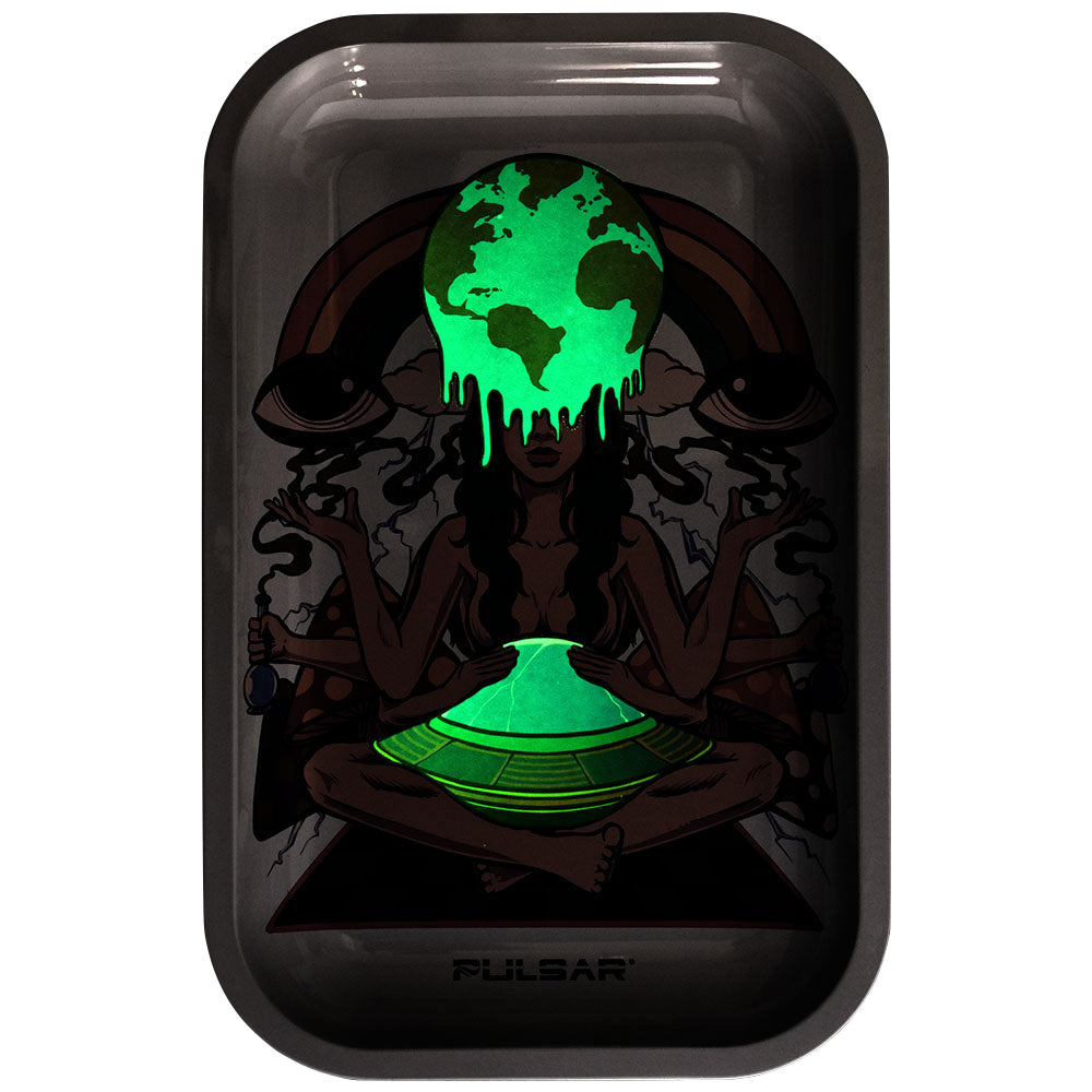 Pulsar Glow Metal Rolling Tray with Lid - Meditation design, 11"x7", glow-in-the-dark feature