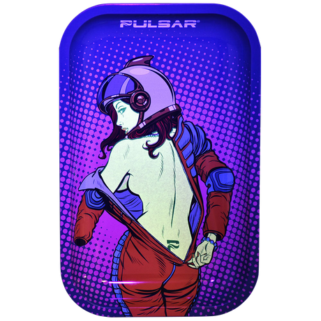 Pulsar Glow Metal Rolling Tray featuring a Zero-G Strip design, 11"x7" size, with cosmic artwork, top view.