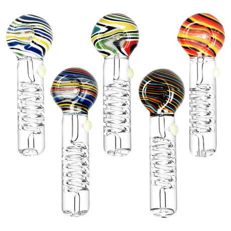 Pulsar Glycerin Coil Spoon Pipes with colorful swirl designs, front view on white background