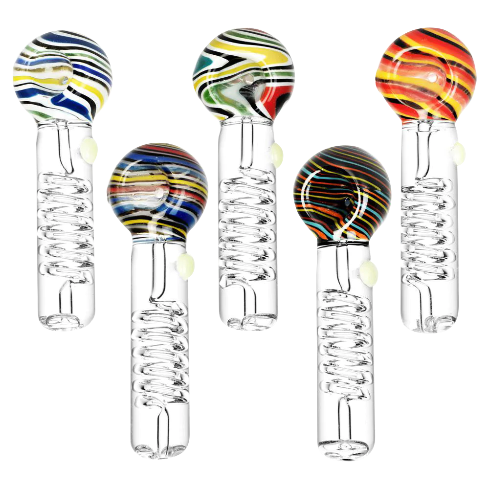 Pulsar Glycerin Coil Spoon Pipes with colorful swirl designs, front view on white background